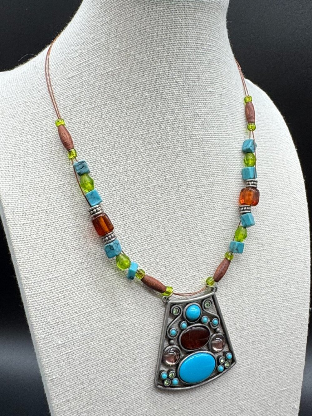 Boho Pendant Necklace Copper Wire Mixed Beads & Metals Turquoise Howlite 16 in